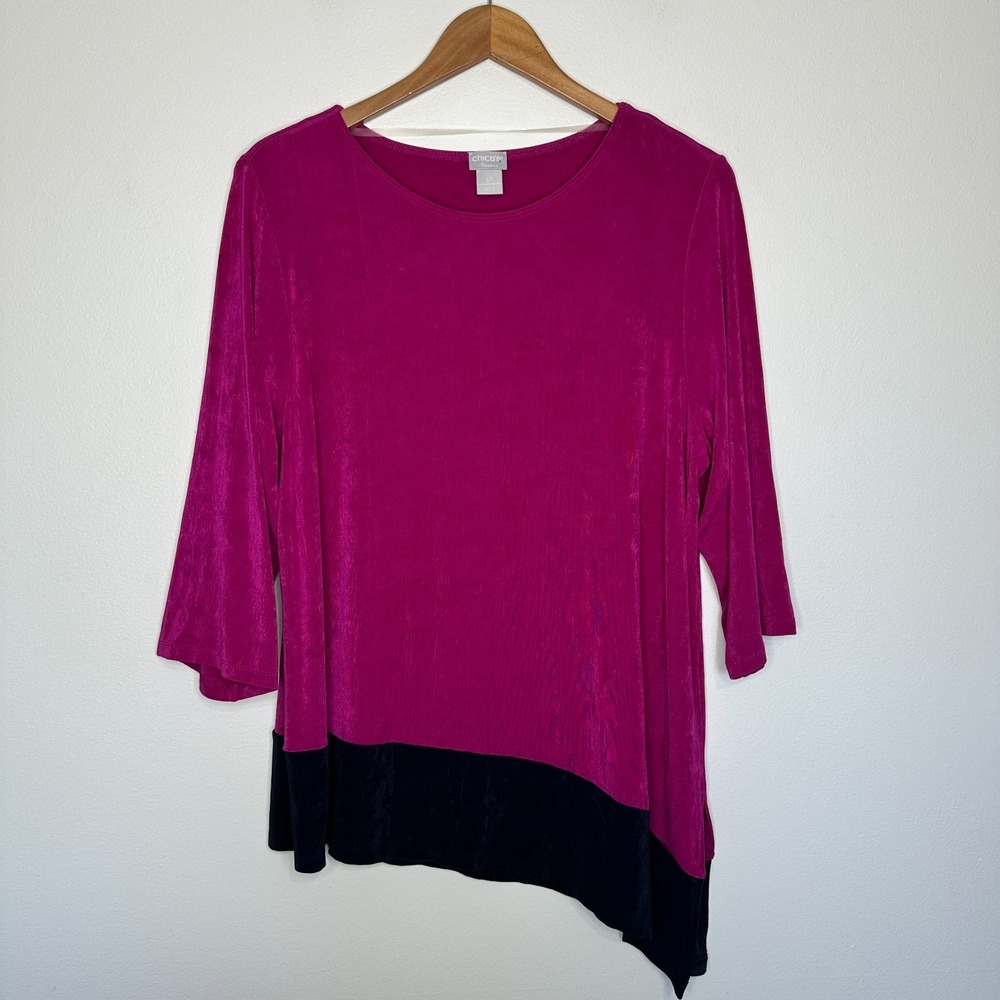 Chicos Travelers Tunic Top Colorblock Asymmetric Hem Pink XL Petite